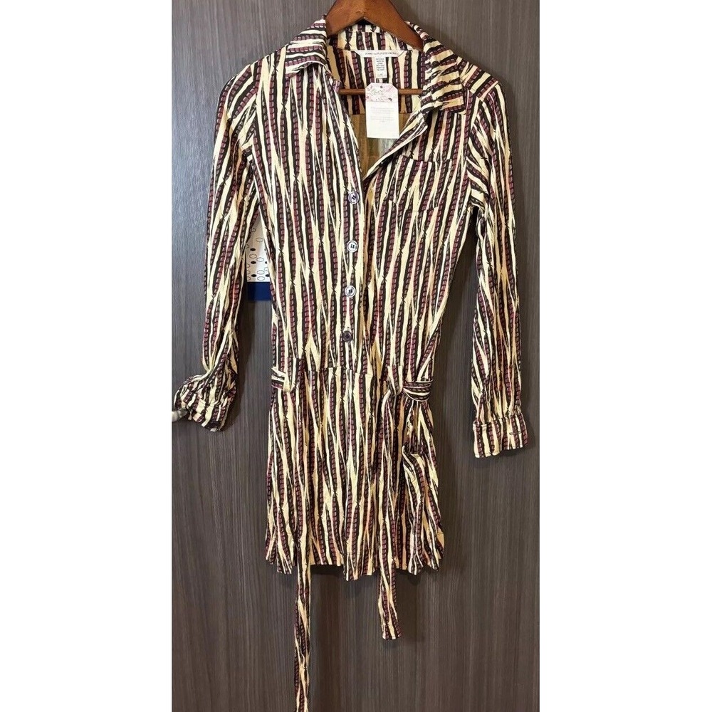 Diane Von Furstenberg Shirt Dress Women's 4 Beige Feather Print 100% Silk Sheena